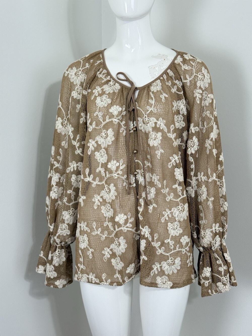 Y2k Sheer Mesh Floral Blouse Long Sleeve Embroidered Women XL Floral Cottagecore